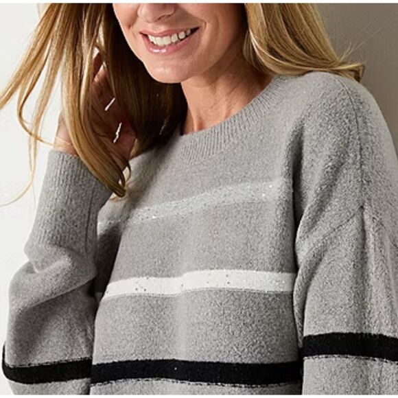 LIZ CLAIBORNE Womens Sweater XXL Crew Neck Long Sleeve Striped Pullover Gray NEW - Picture 2 of 16